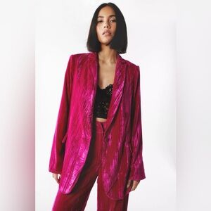 NEW Nasty Gal Crushed Velvet Velour Collared Single Breasted Blazer Hot Pink